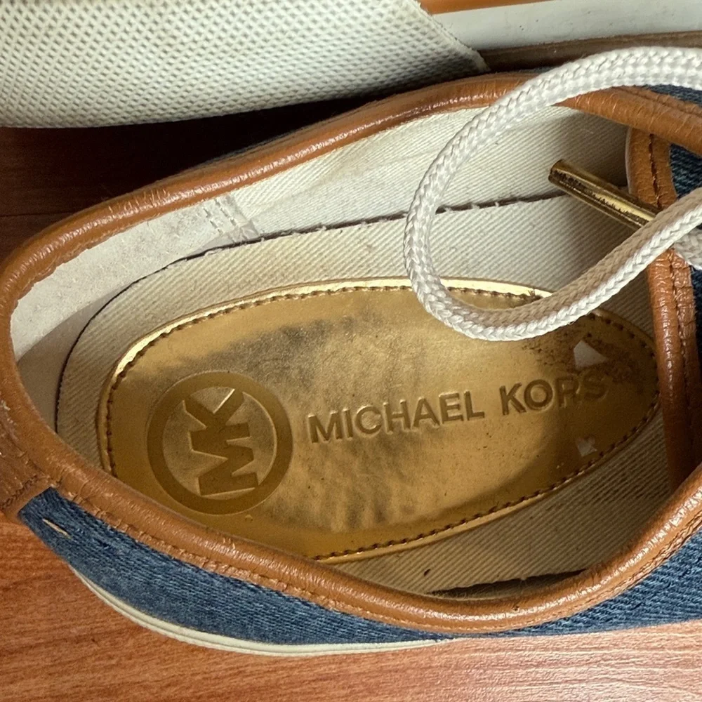 Michael Kors Blue and Brown Denim Lace-Up Sneakers Designer Logo Women's 9M 9